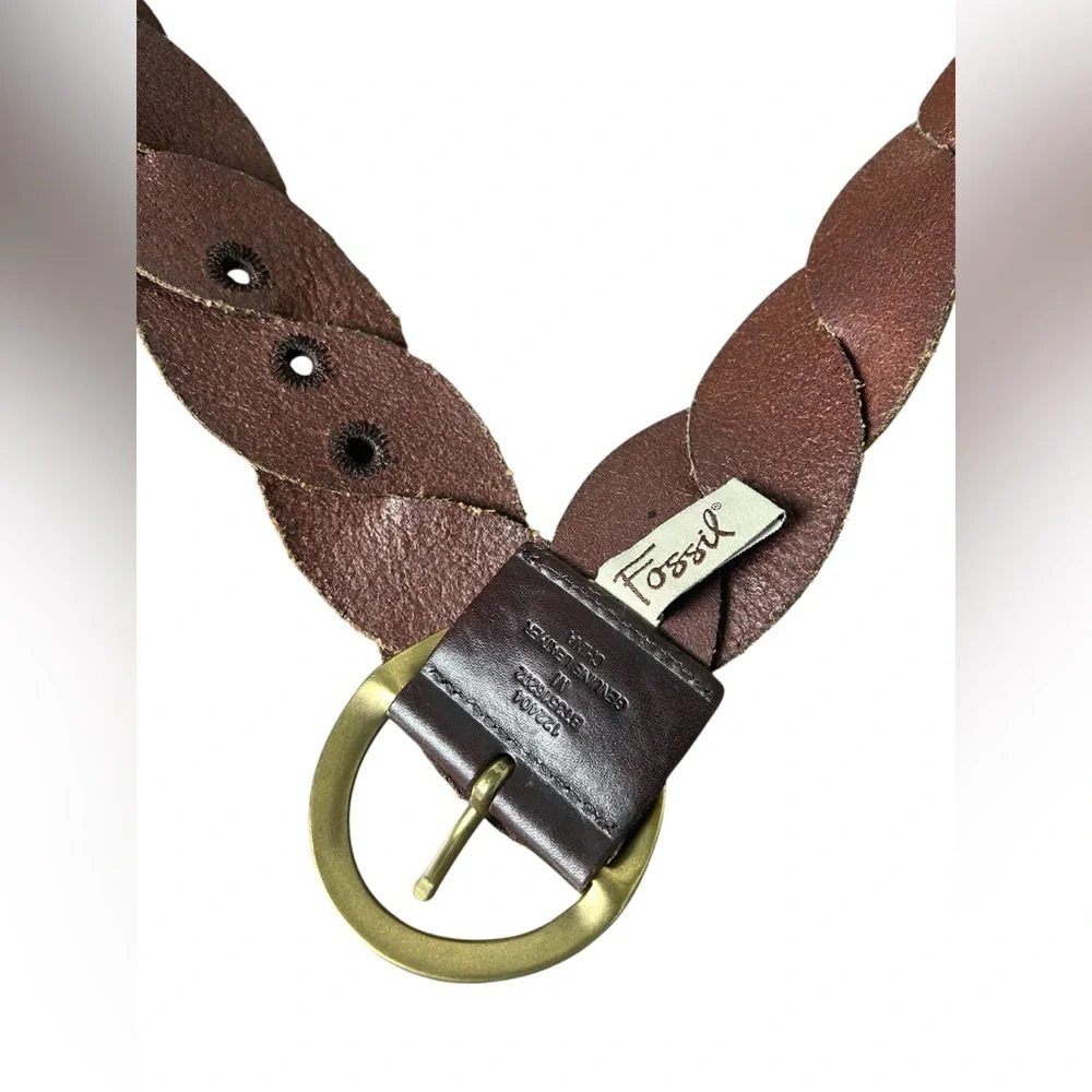 Fossil Brown Braided Leather Belt Brass Round Buckle  Size M - Picture 7 of 7